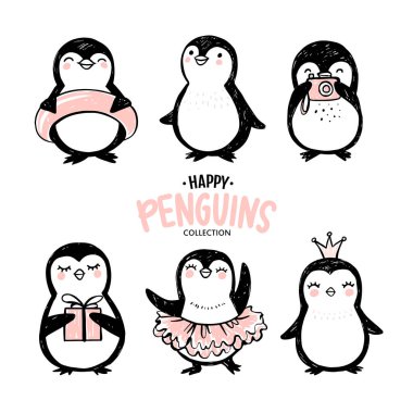 Karalama penguenleri, el çizimi komik hayvanlar. Vektör Penguen karakteri çizim tarzında.