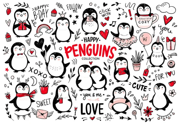 Doodle pingviner, handritade lustiga djur. Vektor Penguin karaktär i skiss stil. — Stock vektor