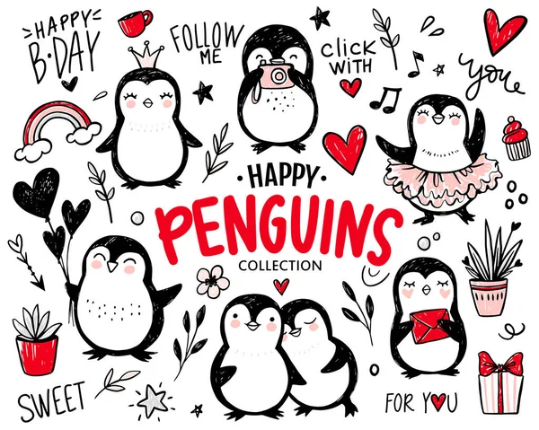 ペンギンの人形、面白い動物の手描きセット。ベクトルペンギンのキャラクターをスケッチスタイルで. — ストックベクタ