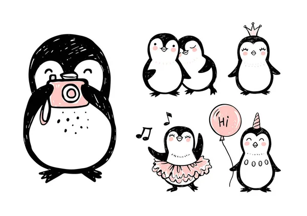 Pingouins caniche, ensemble dessiné à la main d'animaux drôles. Caractère vectoriel du pingouin dans le style croquis . — Image vectorielle