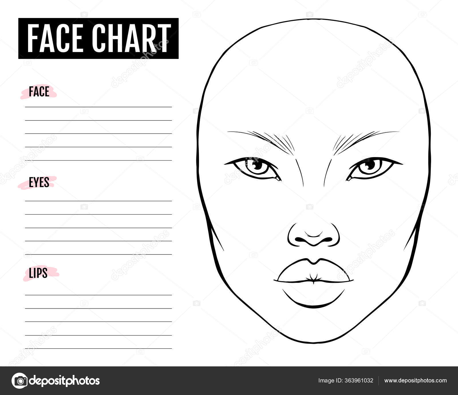 Face chart Blank. Makeup Artist Vector template. Stock Vector by  ©YanaLesiuk 351677664