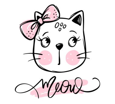 Vector cute cat illustration. Hand drawn Stylish kitten. Doodle Kitty. Meow lettering.