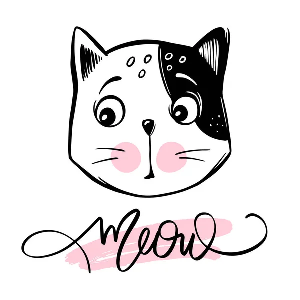 Vector cute cat illustration. Hand drawn Stylish kitten. Doodle Kitty. Meow lettering. — Stock vektor