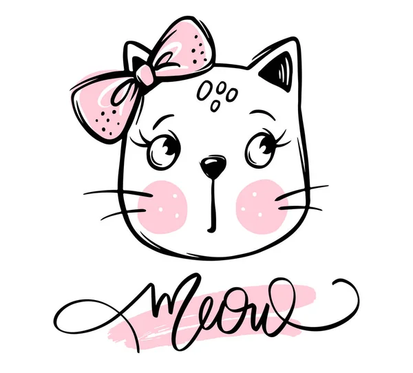 Vector cute cat illustration. Hand drawn Stylish kitten. Doodle Kitty. Meow lettering. — Stok Vektör