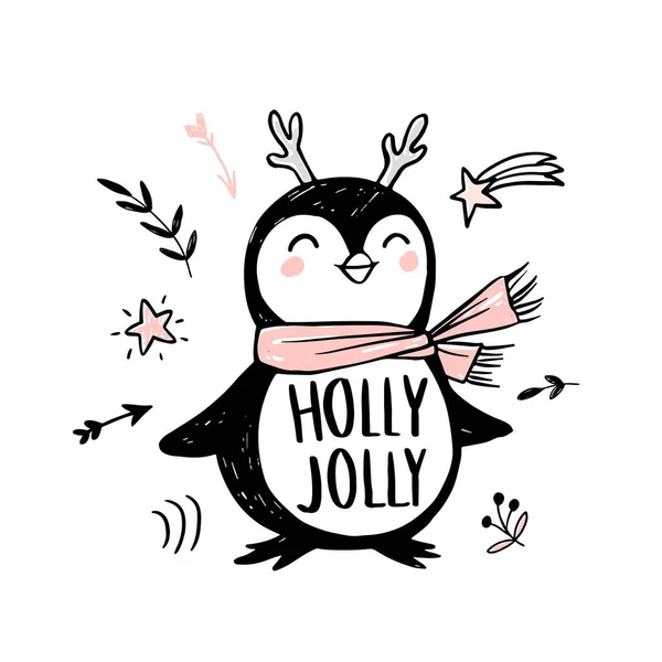 Kritzelpinguin mit rosa Schal, Hörnern und handgezeichneter Aufschrift Holly Jolly. — Stockvektor