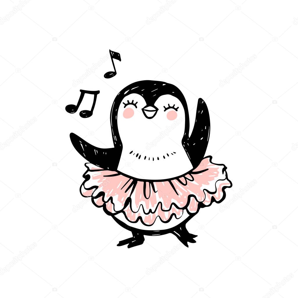 Cute penguin girl dancing in ballerina tutu dress. Baby animals character in doodle, sketch style.
