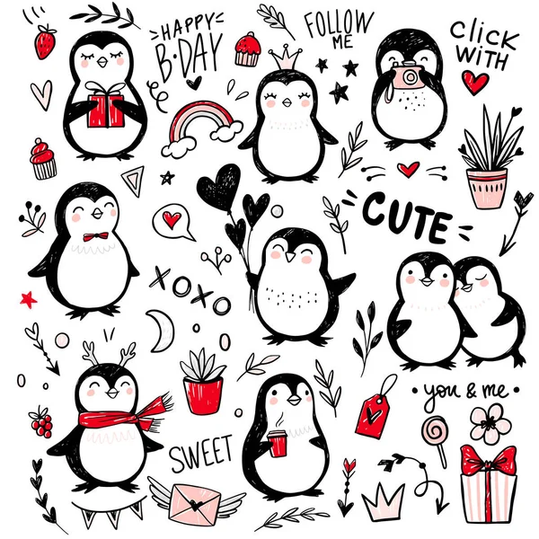 Пингвины-каракули, набор забавных животных, нарисованных вручную. Символ Вектора Пингвина в стиле эскиза . — стоковый вектор