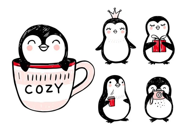 ペンギンの人形、面白い動物の手描きセット。ベクトルペンギンのキャラクターをスケッチスタイルで. — ストックベクタ
