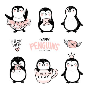 Karalama penguenleri, el çizimi komik hayvanlar. Vektör Penguen karakteri çizim tarzında.