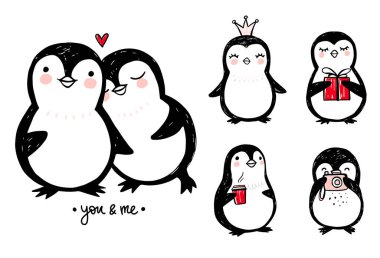Karalama penguenleri, el çizimi komik hayvanlar. Vektör Penguen karakteri çizim tarzında.