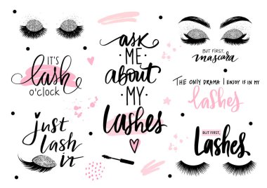 Lashes, mascara, makeup-set with closed eyes, lettering calligraphy quotes or phrases. vector