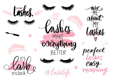 Lashes, mascara, makeup-set with closed eyes, lettering calligraphy quotes or phrases. vector