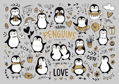 Karalama penguenleri, el çizimi komik hayvanlar. Vektör Penguen karakteri çizim tarzında.