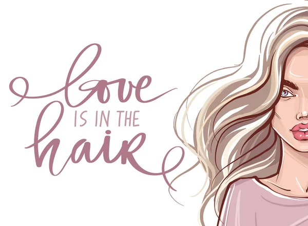 Mooi meisje met lang haar en Vector Handgeschreven belettering citaat over balayage. — Stockvector