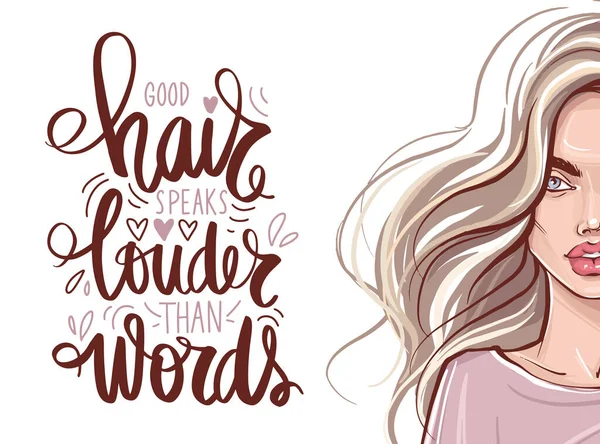 Beautiful girl with long hair and Vector Handwritten lettering quote about balayage. — Stock Vector
