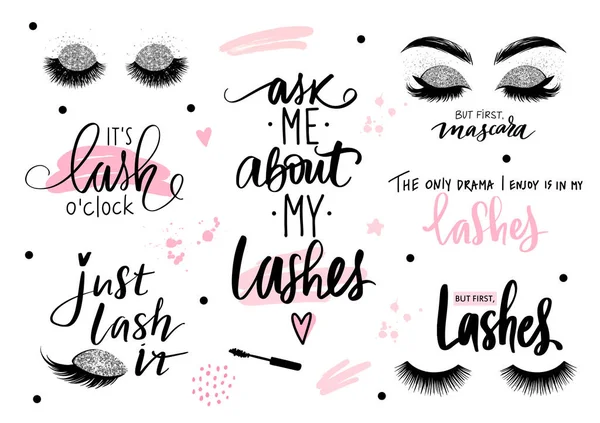 Lashes, mascara, makeup-set with closed eyes, lettering calligraphy quotes or phrases. — Stock Vector