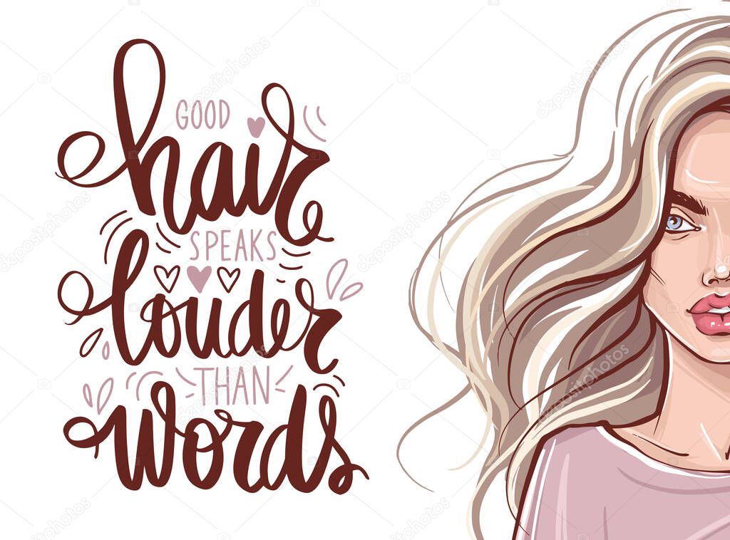 Beautiful girl with long hair and Vector Handwritten lettering quote about balayage.