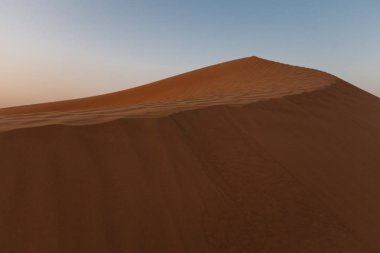 Dubai 'deki kırmızı-kahverengi çöl kumları, kum tepeciklerinin yüzeyinde keskin, dokusal dalgalanmalar ve rüzgarın savurduğu desenler gösteriyor, sığ bir alan derinliği ile vurgulanıyor..