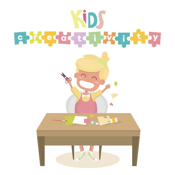 Niños Proceso de trabajo artístico. Niños creatividad vector ilustración. La chica tiene tijeras en las manos. Backgrund para niños clases de arte o escuela . — Vector de stock