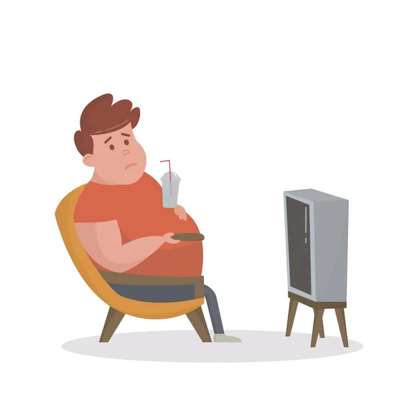 Fat man sitting on the couch and watching TV. Vector Illustration — Stock Vector