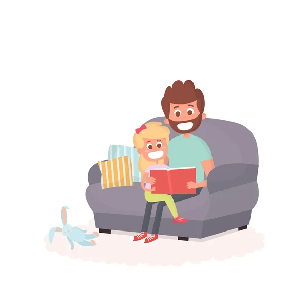 Otec četl pohádky své dceři na gauči. Táta s klukem na gauči dohromady. Roztomilý vektorové ilustrace rodičovství. — Stockový vektor