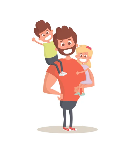 Concepto de padre superhéroe. Papá Fuerte sosteniendo a sus dos hijos. Icono de vector de estilo plano. Ilustración vectorial — Archivo Imágenes Vectoriales