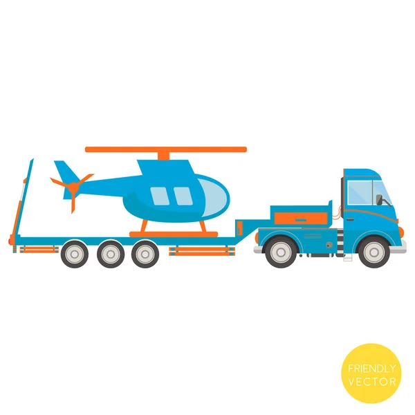 Transporte de desenhos animados. Camião com ilustração de vetor de helicóptero. Vista de lado . —  Vetores de Stock