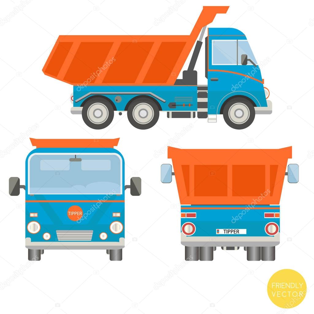 Cartoon transport. Dump truck vector illustration. View from side, back, front.