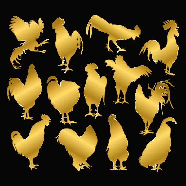 Set of golden rooster on a black background — Stock Vector