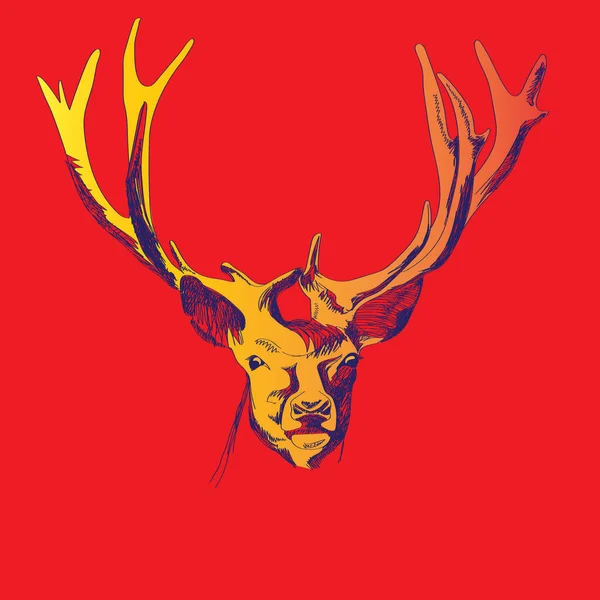 Eine farbenfrohe Darstellung eines Hirsches auf rotem Hintergrund — Stockvektor