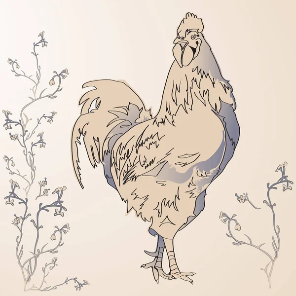 Gallo en estilo de dibujos animados con flores . — Archivo Imágenes Vectoriales