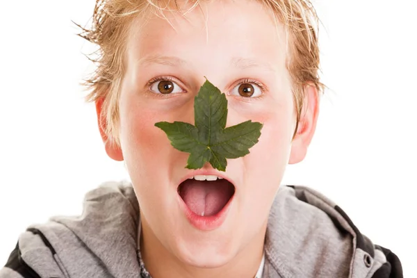 Jongen met blad op zijn neus — Stockfoto