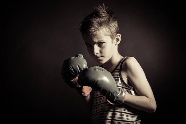 Boxer Boy with Gloves Frowning at the Camera — Stock Photo, Image
