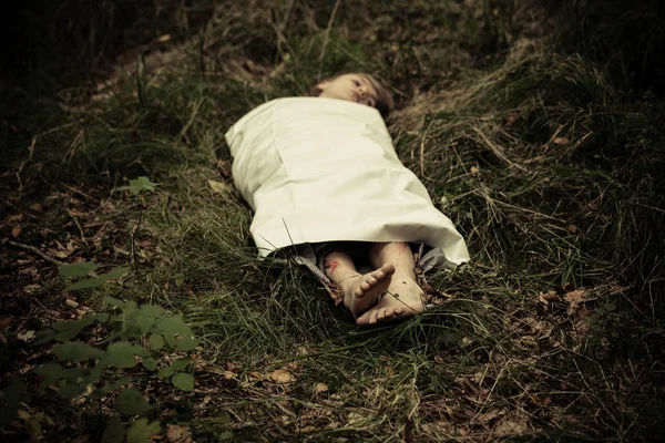 Muerto abandonado en el campo bajo sábana — Foto de Stock
