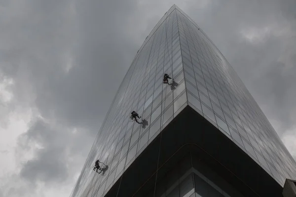 Альпіністів очищення windows highrise будівлі — стокове фото