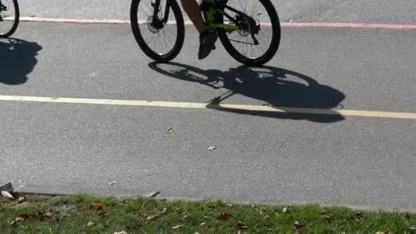 Peple montar en bicicleta día soleado vista de ángulo alto slomo — Vídeos de Stock