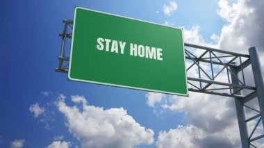 Yol işareti evde kal Corona virüsü durdur mavi gökyüzü arkaplanı 