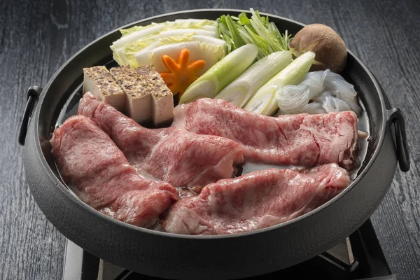 Deliciosa Carne Sukiyaki Panela Cozinhar — Fotografia de Stock