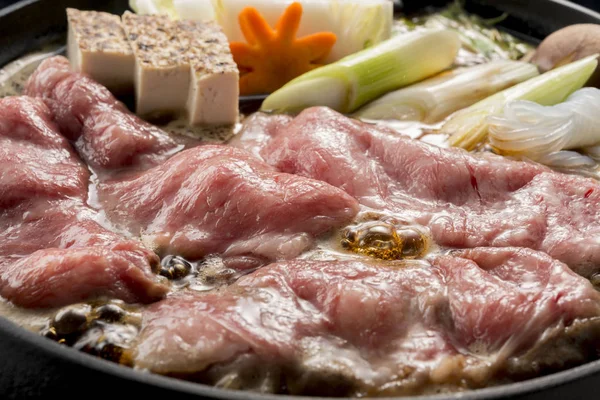 Deliciosa Carne Sukiyaki Panela Cozinhar — Fotografia de Stock