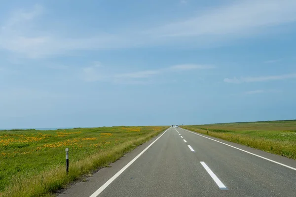 Uma estrada em linha reta com vista para o horizonte — Fotografia de Stock