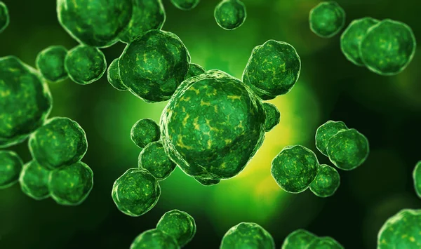 Virus batterico o cellule di microorganismi germinali al microscopio. Ciao. — Foto Stock