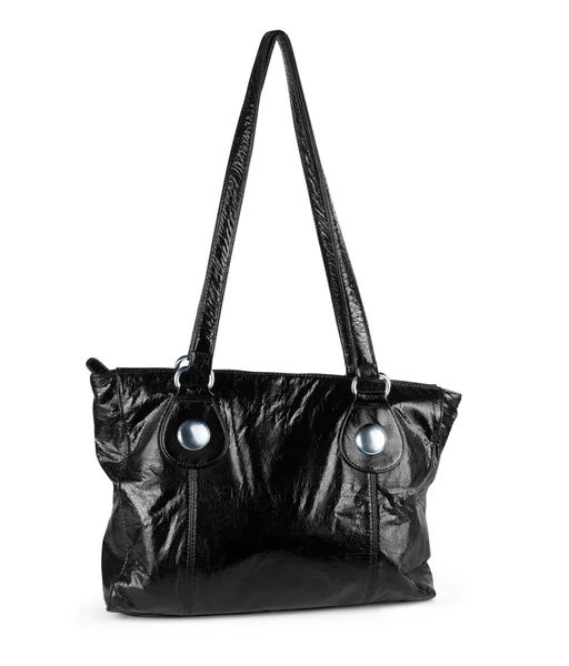 Luxury black leather holding female fashion hand bag isolated ba — Stock Photo, Image