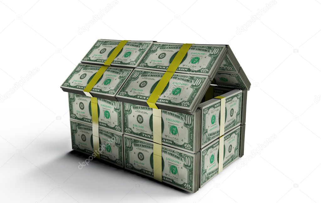 House made of dollars. 3d rendered. Isolated on white background