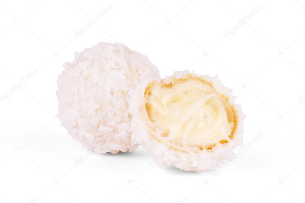 White Chocolate Candy With Coconut Topping On White Background