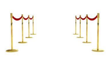 Kırmızı kemer ve kadife halı ile mobil çit bariyer üzerinde izole beyaz hazır. Barikat metal krom kutup eskrim deftere nakleder. Şerit ile taşınabilir koruyucu kabin teybi germek. Koruma çiti kalabalık. 3D render.