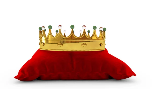 Gouden kroon op rode kussen 3d render — Stockfoto