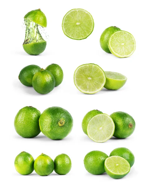 Fruta y rodajas enteras de lima aisladas sobre fondo blanco con cl —  Fotos de Stock