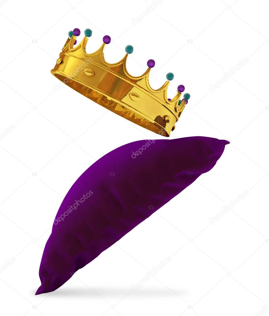Royal black leather pillow and golden crown. 3D render illustration isolated on white background
