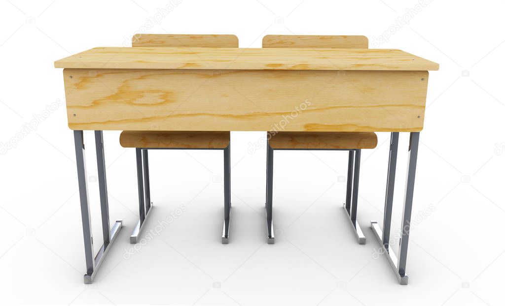 School desk and chairs front isolated on white background. 3d re