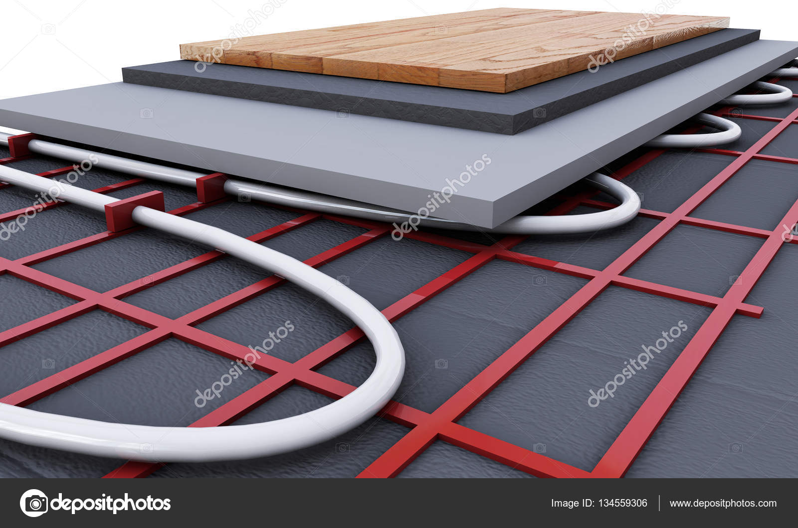 Floor heating system. We see layers of insulation for heating. 3